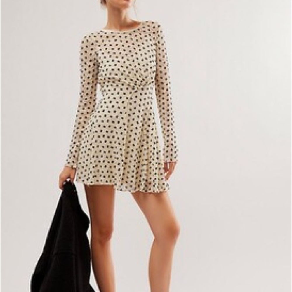 Free People Sheer Delight Polka Dots Bow Mesh Open Back Black Cream Mini size S - Picture 2 of 15